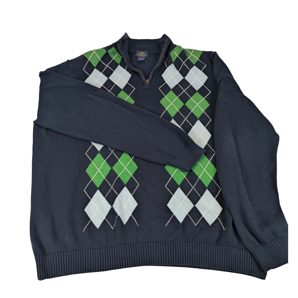 Brooks‎ Brothers 346 Mens XXL Supima Cotton Argyle Quarter Zip Sweater Navy Blue